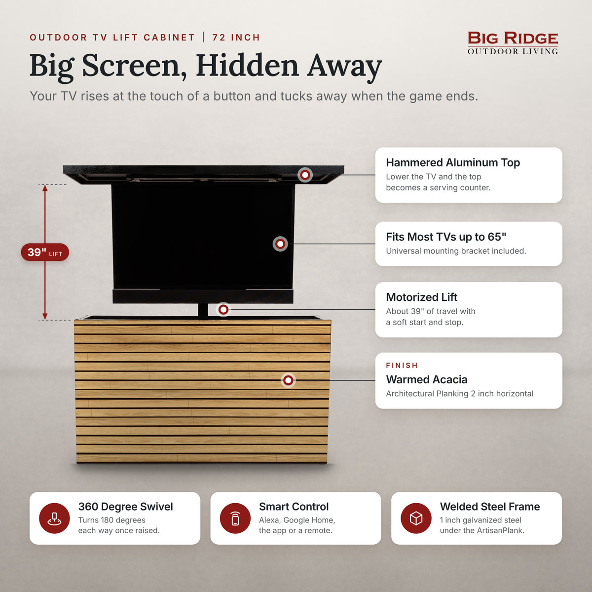Warmed Acacia 2 inch horizontal ArtisanPlank TV lift with 360 degree swivel, about 39 inches of lift travel and room for most TVs up to 65 inches