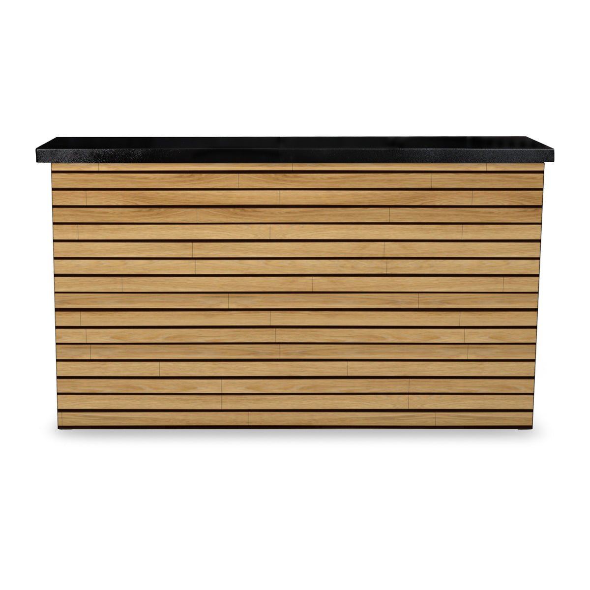 Front view of the Warmed Acacia 2 inch horizontal ArtisanPlank TV lift cabinet with the TV lowered