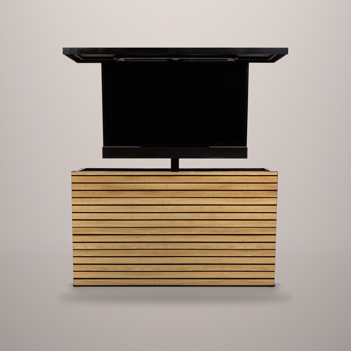 Warmed Acacia 2 inch horizontal ArtisanPlank outdoor TV lift cabinet with the TV raised and a hammered black aluminum top