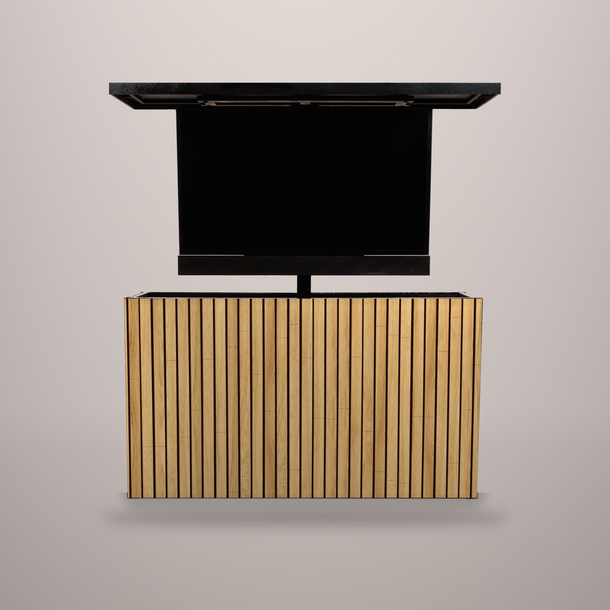 Warmed Acacia 2 inch vertical ArtisanPlank outdoor TV lift cabinet with the TV raised and a hammered black aluminum top