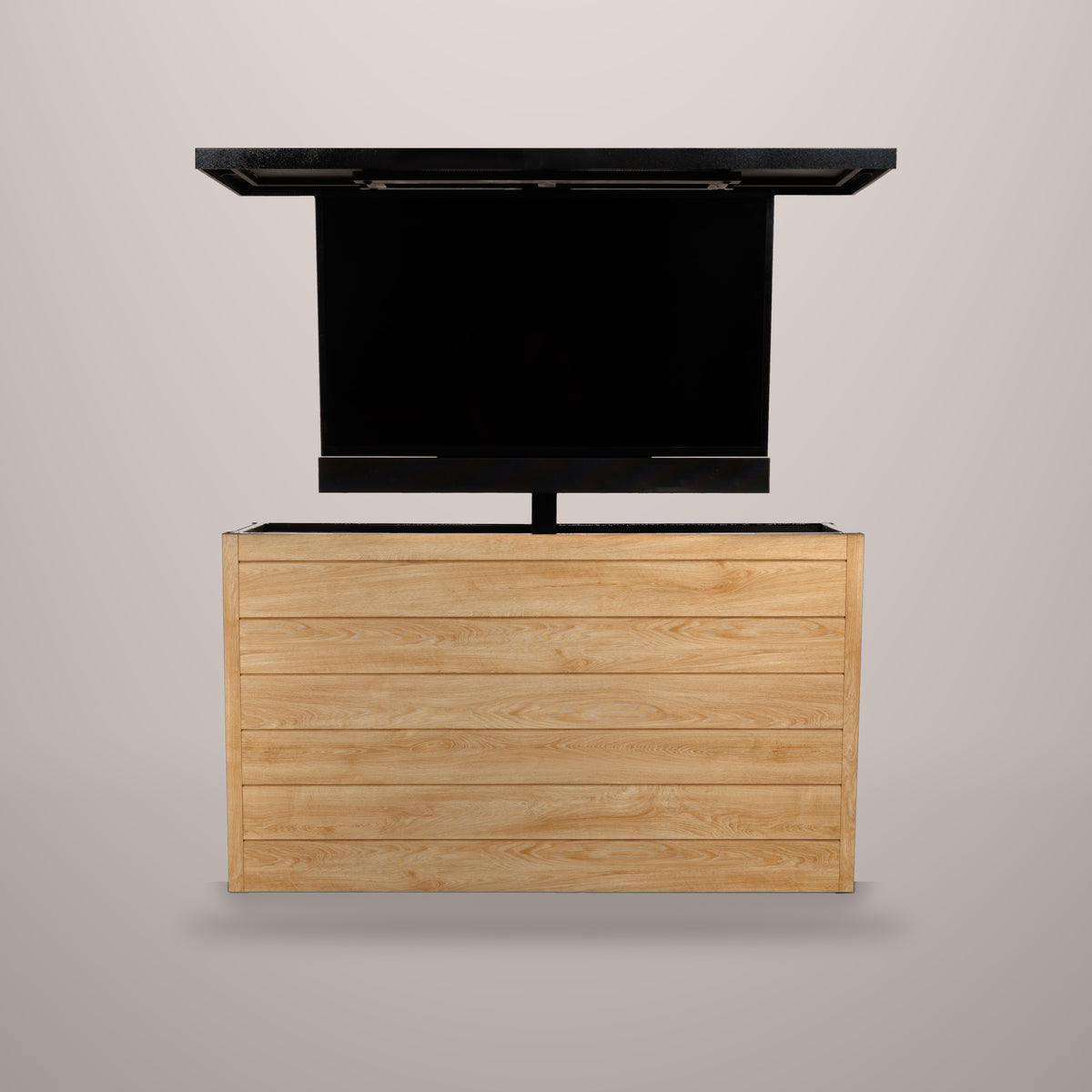 Warmed Acacia 6 inch ArtisanPlank outdoor TV lift cabinet with the TV raised and a hammered black aluminum top