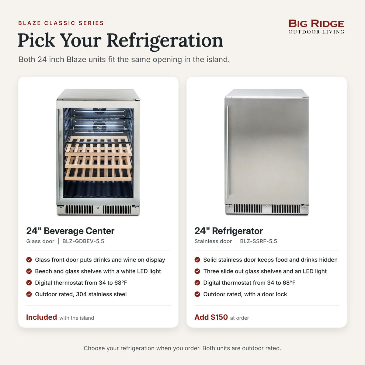 Blaze 24 inch glass door beverage center included with the Classic island, or a 24 inch stainless door refrigerator as an upgrade