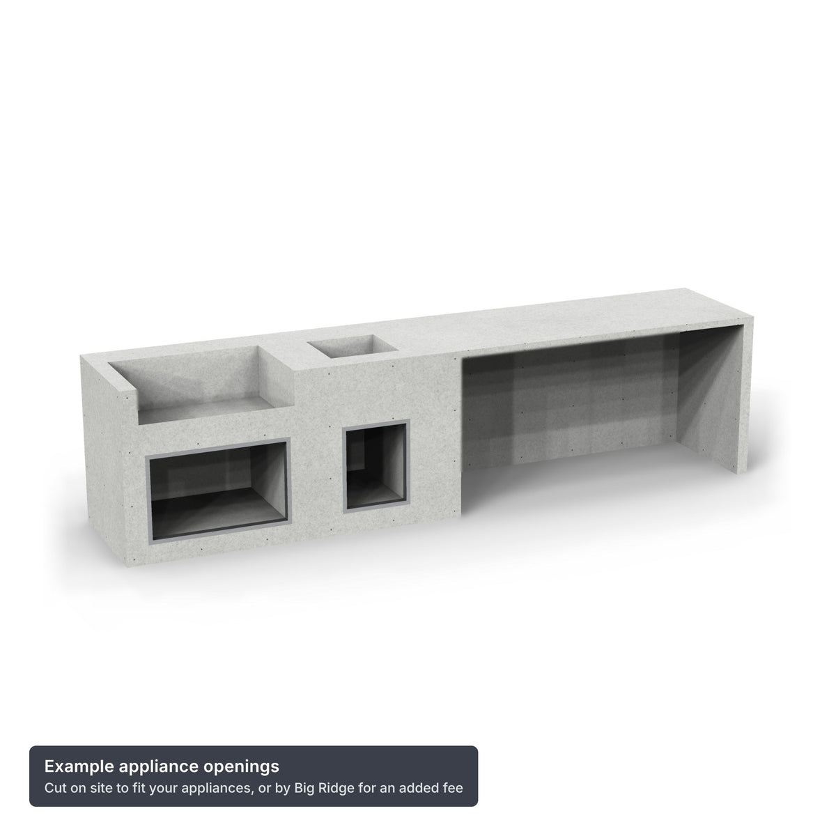 142 inch straight Design Ready outdoor kitchen with a bar table, shown with example appliance openings cut on site or by Big Ridge for an added fee