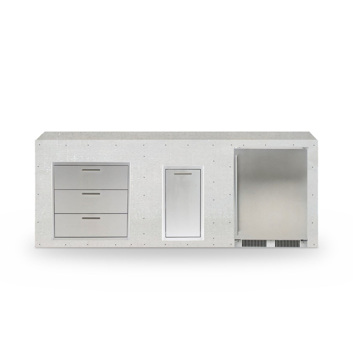 8 ft Design Ready outdoor kitchen in plain cement board with Blaze triple drawers, trash drawer and refrigerator