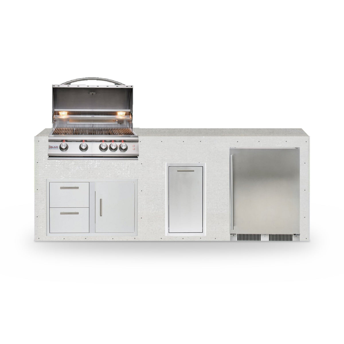 8 ft Design Ready outdoor kitchen in plain cement board with a Blaze 32 inch grill, refrigerator and storage