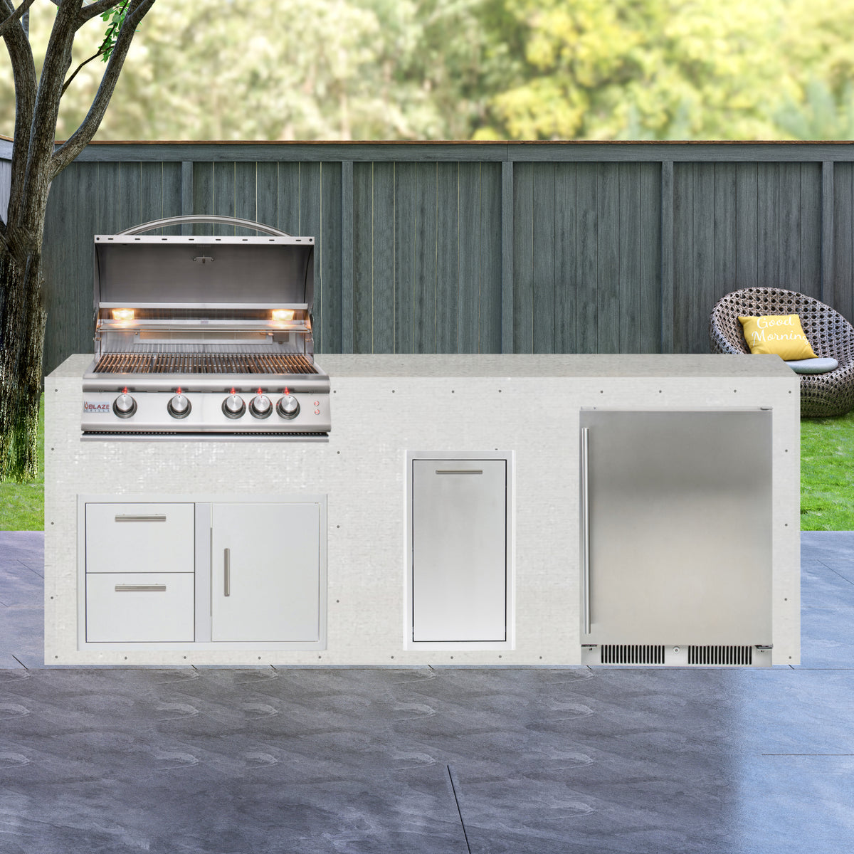 8 ft Design Ready outdoor kitchen with built in grill and outdoor refrigerator, ready to finish
