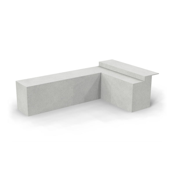 137 x 89 inch L shaped Design Ready outdoor kitchen with bar seating as it ships, in plain cement board with no appliance openings
