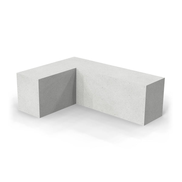 77 x 107 inch L shaped Design Ready outdoor kitchen laid out for a grill on one leg and a sink on the other, as it ships in plain cement board with no appliance openings